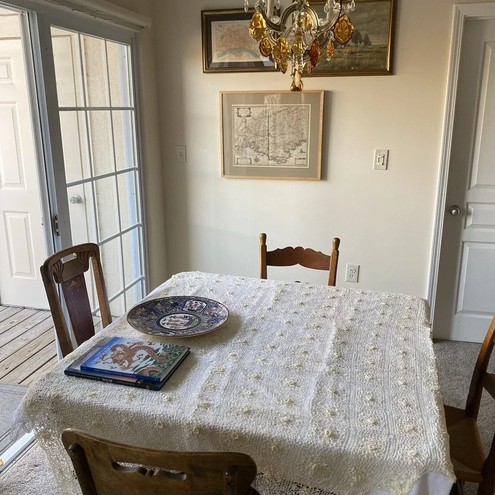 Vintage Crochet Tablecloth Triangular Cream Floral Victorian Shabby Chic
